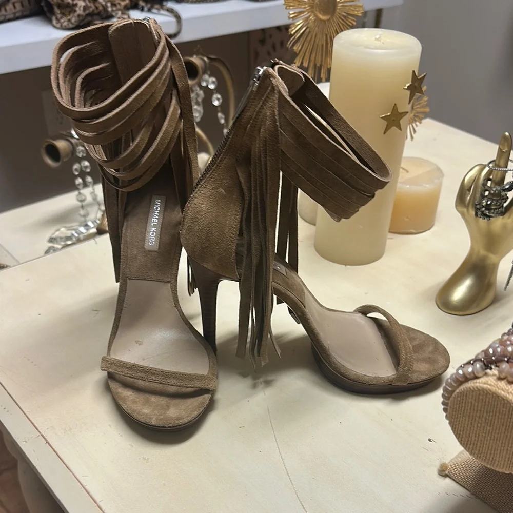 Fringe Tan Michael Kors High Heel Sandals - Picture 1 of 6